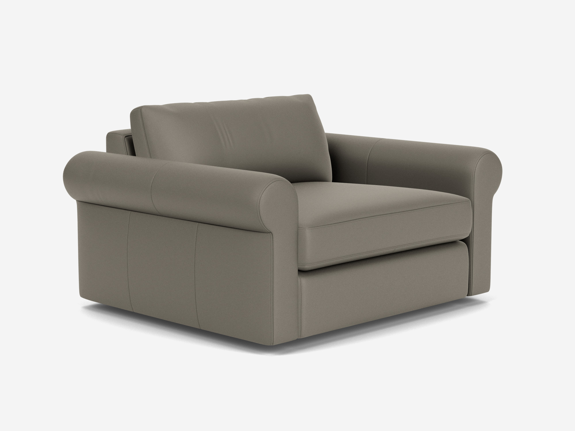 Grey leather wide armchair with roll arms front angle view